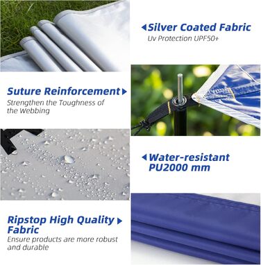 Тент Forceatt Zeltplane 3.7x4.3 м: ультралегкий, водонепроникний, з 6 точками кріплення, анти-UV. Підходить для кемпінгу, піших прогулянок та активного відпочинку на природі. Темно-синій & сірий колір.