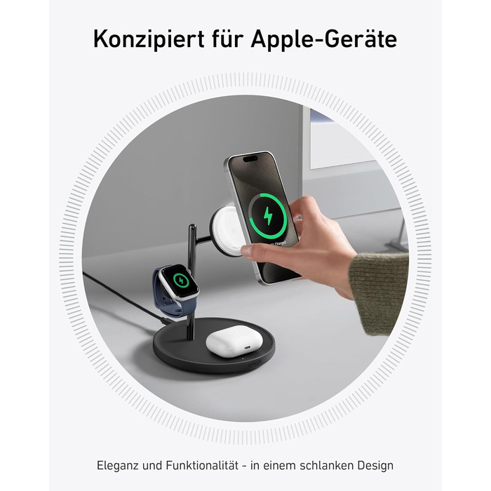 Anker MagGo 3-в-1 Бездротова Зарядка, 15W, MagSafe, Qi2, для iPhone 16/15/14/13, AirPods Pro, Apple Watch Ultra (з USB-C блоком живлення та кабелем), Чорний