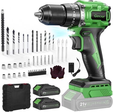 Ginour 21V акумуляторний ударний дриль-шуруповерт, комплект 47 предметів, сумісний з Makita 18V, 50 Nm, 2 швидкості, LED, 10 мм