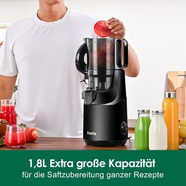 Fretta Slow Juicer with 135mm Opening, Juicer for Vegetables and Fruit Test Winner, 250W Breastfeeding Juicer with Cold Press, Easy Cleaning & Powerful Motor, BPA-Free (Black, 1.8L) 1.8L Black
