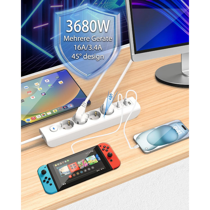 Мережевий фільтр Steckdose 8 в 1 з USB, 3680W з вимикачем, 16A з 2 USB-C, для смартфонів, ноутбуків, iPad, білий кабель 1.8м