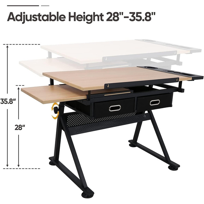 Folding Art Table with Stool and Drawers - Natural Wood Finish