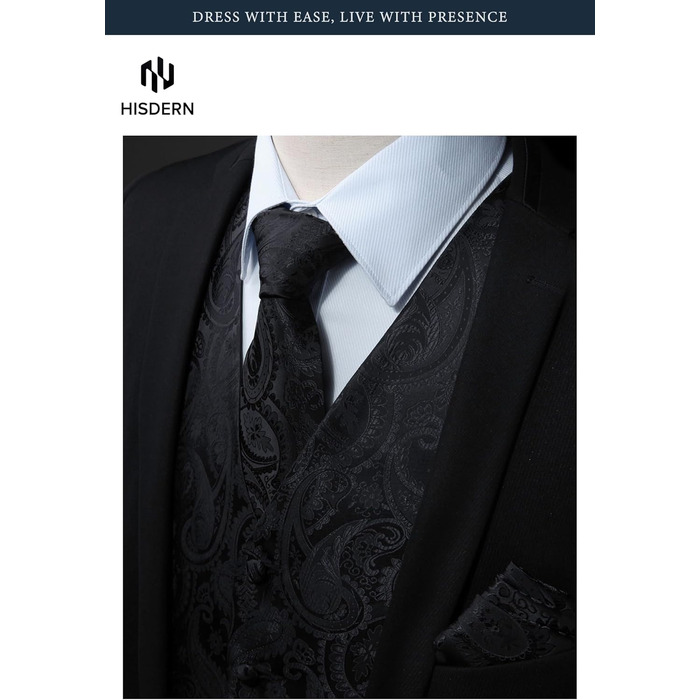 Чоловічий жилет та краватка Hisdern для весілля, жакардовий костюмний комплект, чорний, розмір XL