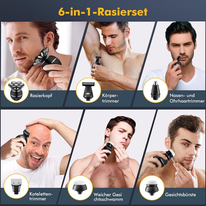 Електричний гоління для чоловіків ETENTOUS Glatzen Rasierer - 7D, 6-в-1, для гоління голови, бороди, носа, IPX7, чорний