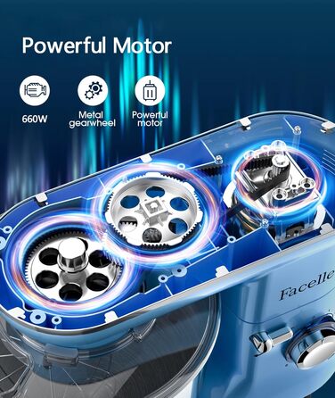 Кухонна машина Facelle 1500W з нержавіючою чашею 6.2L, 6 швидкостей, комплект насадок (міксер, гак для тіста, вінчик, сплеск-захист), блакитна