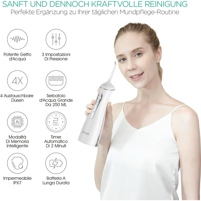 Електрична іригатор VOYOR-HEALTH Munddusche WF400: 3 режими, 4 насадки, водонепроникний, для догляду за зубами та яснами