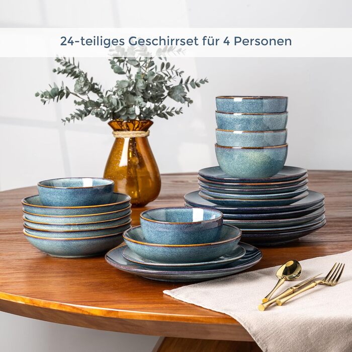 GBHOME Набір посуду з кераміки, 24 частини (12-ти та 24-ти місний), ручної роботи, реактивна глазур, тарілки та миски, стійкий до сколів та тріщин, придатний для миття в посудомийній машині та використання в мікрохвильовці, білий колір (Ceylon Blau)