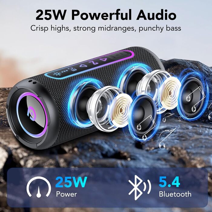 Bluetooth колонка з підсвіткою 25W, Bluetooth 5.4, Dual Bass, 24 год, IPX7 водонепроникна, портативна колонка для вечірок, подорожей, AUX/TF, Чорна