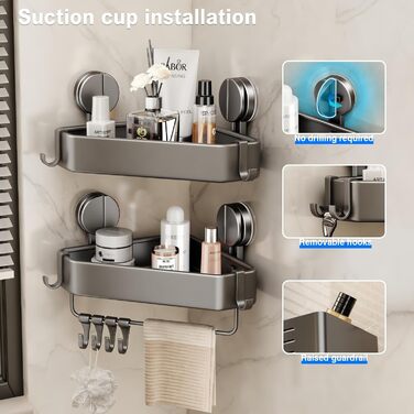 Поличка для душу без свердління, кутова поличка для ванної кімнати з присосками, корзина для душу з тримачем для рушників та знімними гачками (2 шт., сіра)