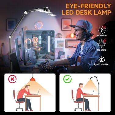 LED лампа для столу Rigors 60 см з двома головками, диммування, 900 лм, денне світло, захист очей, кріплення, 5 кольорів, 10 рівнів яскравості, гнучкий шийка 360°, з адаптером живлення (Th-black)