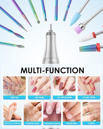 Електричний фрезер для нігтів з LCD дисплеєм, 40000 об/хв, 15 насадок, для манікюру та педикюру, F/R напрямок обертання, для салону та дому (білий)