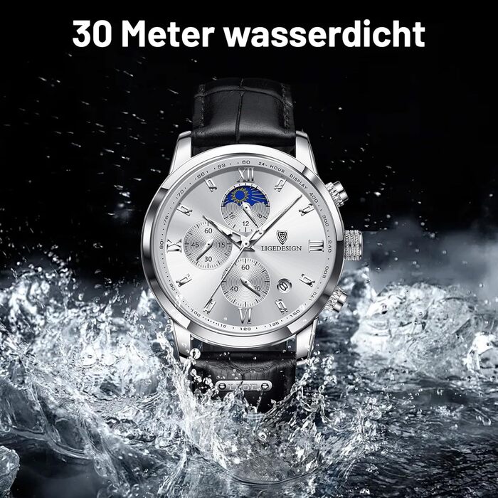 Годинник чоловічий LIGE Retro з шкіряним ремінцем, 3ATM, водостійкий, аналоговий, з датою, місячними фазами (чорний / білий)