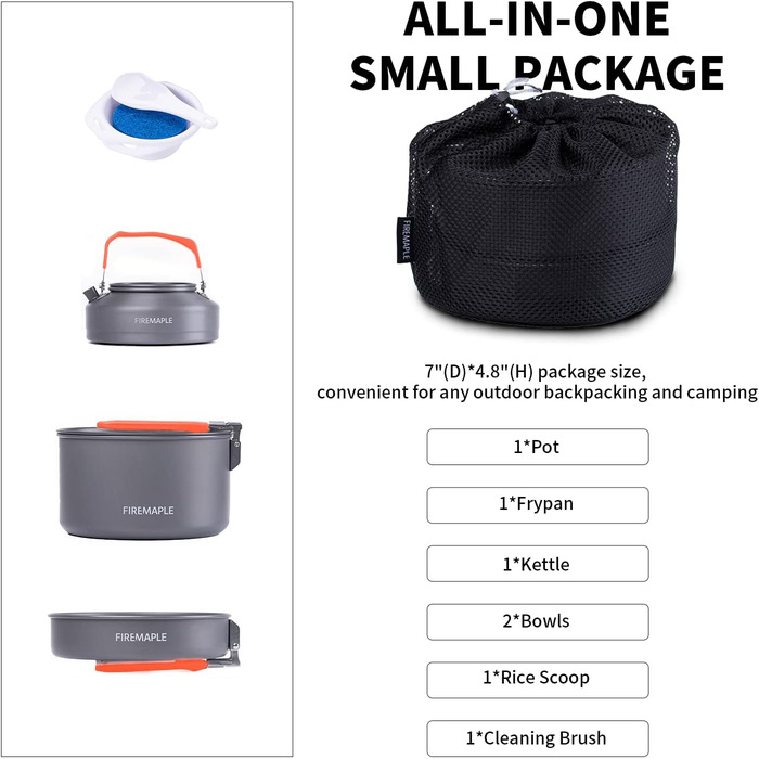Набір кухонного посуду для кемпінгу Fire-Maple Feast 2: каструля, чайник, сковорода, миски та лопатка для 1-3 осіб (Помаранчевий)