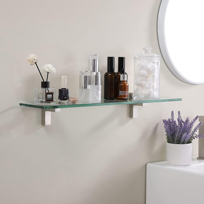 KES Shower Shelf for Hanging, Bathroom Shelf, Wall Shelf, Shower Glass Shelf, 8mm Shower Shelf, Bathroom Shelf, Tempered Glass with Shelf Support 60cm Brushed Nickel, BGS3201S60-2