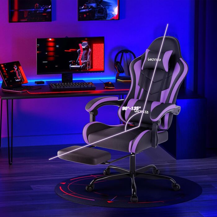 Геймерське крісло Ergon Gaming з підставкою для ніг та підтримкою попереку, чорно-фіолетове