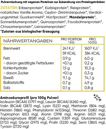 BIO Protein vegan | Vanilla | DE-ÖKO-006 | 10 plant-based protein sources | Without sweeteners | Soy & Gluten-free | Premium quality from Lake Constance | Made in Germany (1000g, Vanilla)