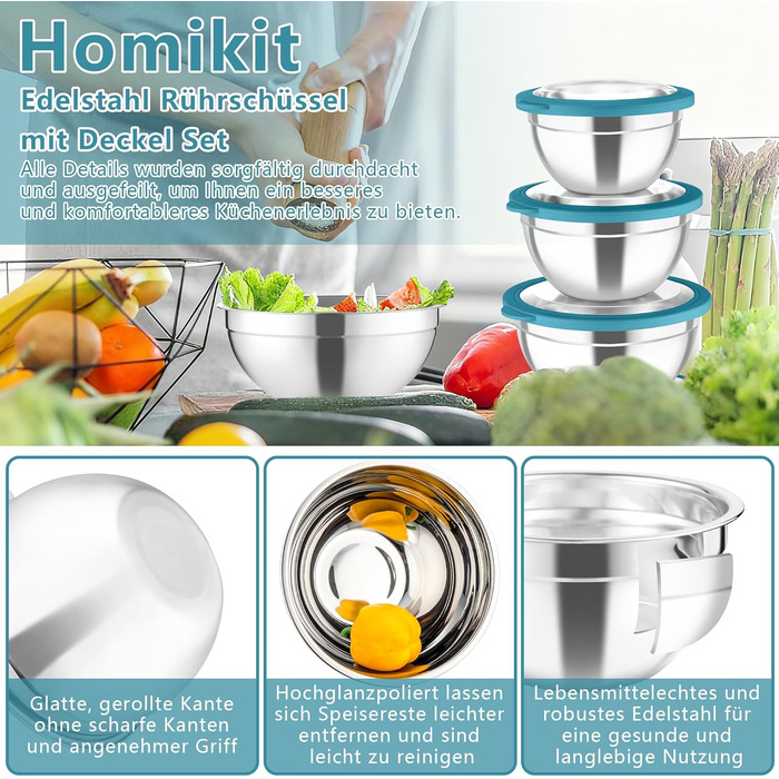 Набір мисок Homikit з нержавіючої сталі з кришками, тертки для кухні (5 шт., блакитний)