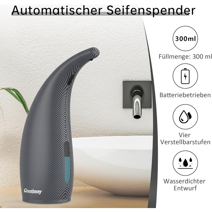 Greatmay Automatic Touchless Soap Dispenser - 300ml Electric Battery Operated with 4 Adjustable Levels - IPX6 Waterproof for Bathroom, Kitchen
