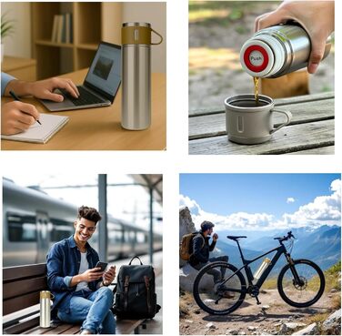 Термос 500 мл з нержавіючої сталі – 2 чашки з ручками – без витоку, BPA-free – з щіткою для чищення – колір: сріблястий