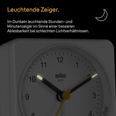 Braun Classic Analog Alarm Clock with Snooze Function and Light, Silent Quartz Movement, Crescendo Alarm, White Model BC03W