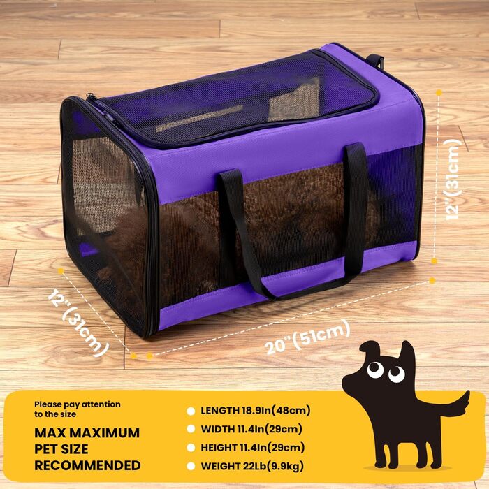 Транспортна переноска для котів Conlun, м'яка переноска з сіткою з 4 сторін, підходить для перевезення літаком, для кошенят та малих котів до 6 кг, складана, розмір 51x31x31 см, фіолетовий колір