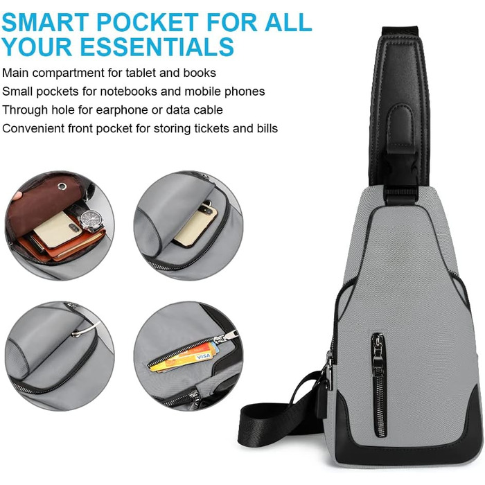 Чоловіча нагрудна сумка Brusttasche, Crossbody з USB-зарядкою, Оксфорд, водонепроникна, для спорту, роботи, подорожей (#6 A-grau)