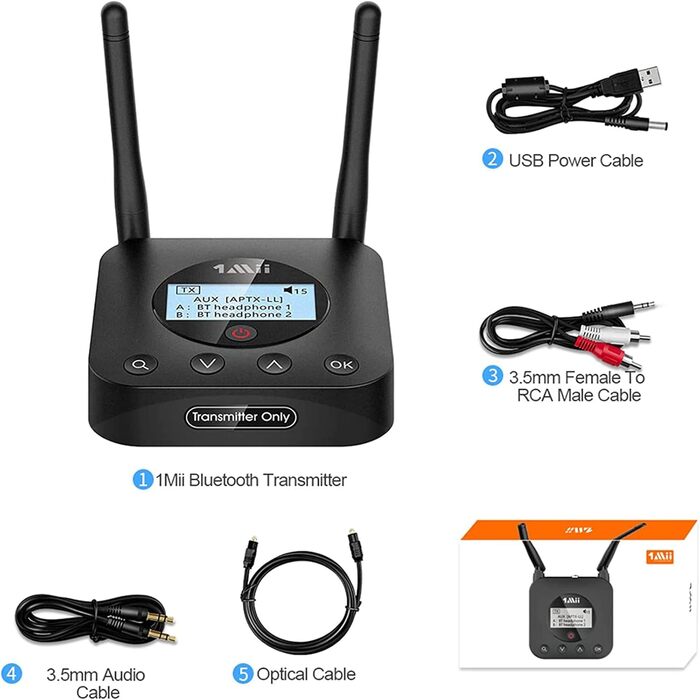 1Mii Bluetooth 5.2 Передавач для ТВ з aptX HD та низькою затримкою, велика дальність дії, аудіоадаптер для 2 навушників або динаміків, 3,5mm AUX/Оптичний/Коаксіальний вихід, регулювання гучності (B06TX+)