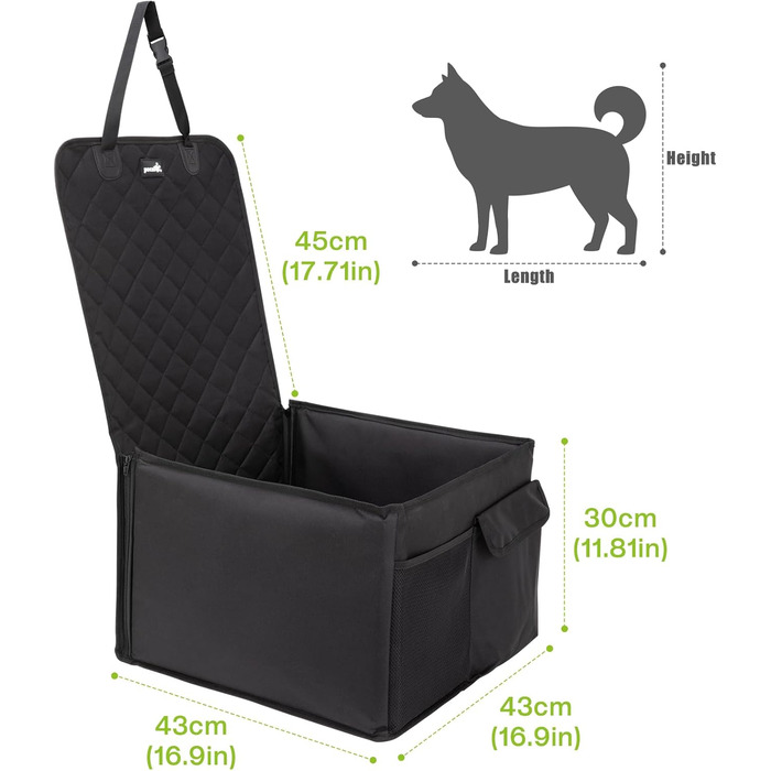 Автокрісло для собак Pecute, 43x43x30 см, чорне. Водонепроникне, стійке до подряпин, з підсиленими боковинами та кишенями. Для собак середніх та маленьких порід.