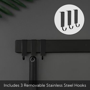 Improved 50cm Trhillsbrad Magnetic Knife Strip, 50cm Magnetic Knife Holder with 3 Hooks, Stainless Steel Knife Rail, Self-Adhesive, Black Wall Mount Magnetic Strip, No Drilling Knife Holder