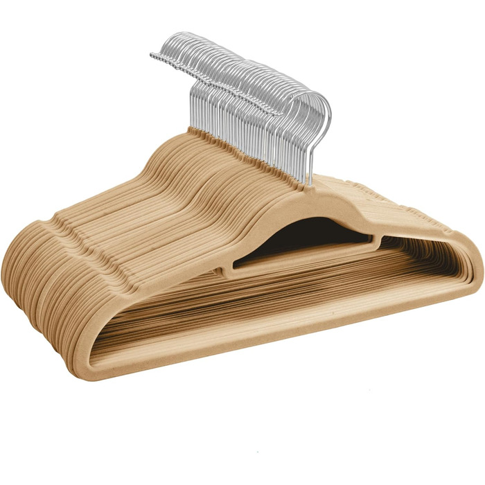 Набір велюрових вішалок для одягу, 50 шт. з органайзером для краваток, обертаються, бежевий колір