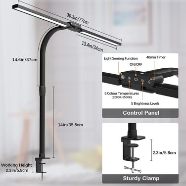 Лампа для столу Hapfish LED з кріпленням, 24W, подвійний настільний світильник, широке та яскраве освітлення, 5 режимів кольору та 5 рівнів регулювання яскравості, лампа денного світла для офісу, дому, дітей, з шийкою-лебедем