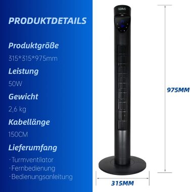 Вентилятор Tower з пультом, LED-дисплеєм та таймером, 3 режими, 70° осциляція, 50 Вт, 97.5 см, Чорний