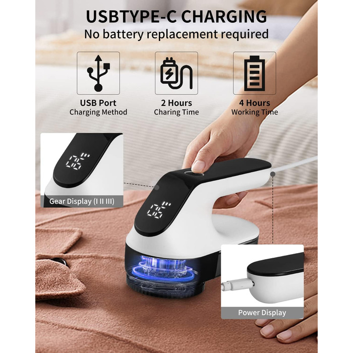 Електричний триммер для одягу Zawaer, 2000 mAh, видалення котушок, 3 швидкості, для одягу та меблів