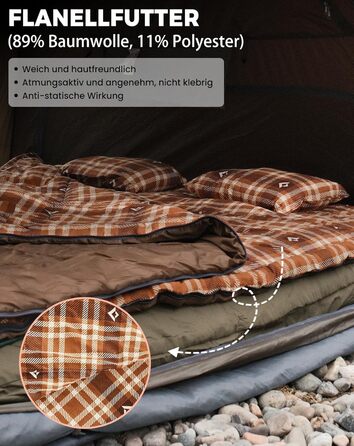 Спальний мішок KingCamp для 2 осіб з фланелі, зимовий, теплий, 3-4 сезони, з 2 подушками, для кемпінгу, подорожей та активного відпочинку на природі