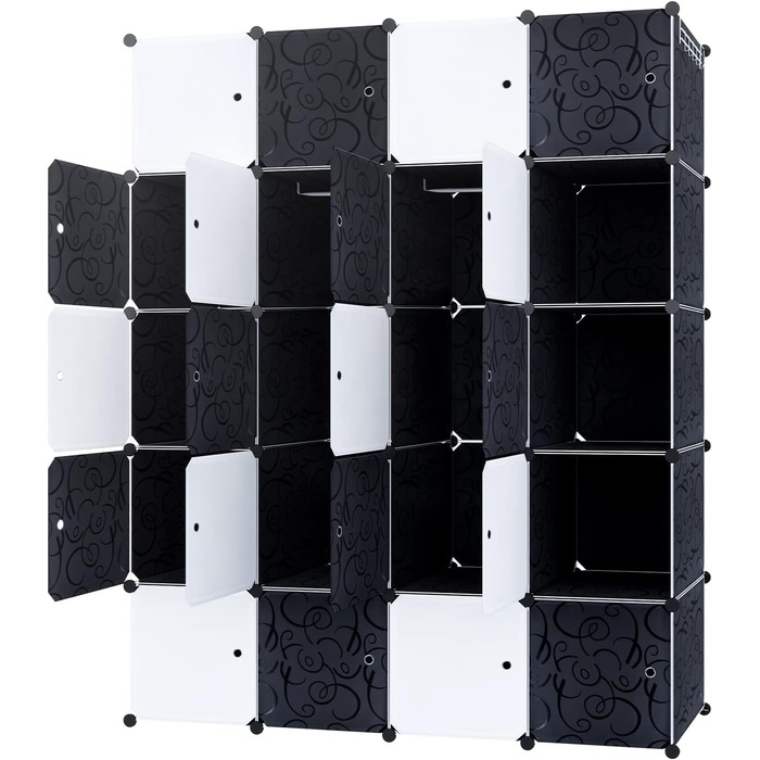 UISEBRT DIY Plastic Wardrobe System - Stackable Shelving Unit, Closet Organizer, Coat Rack, Shoe Rack, Plastic Boxes, Black with Pattern (20 Boxes with Door)