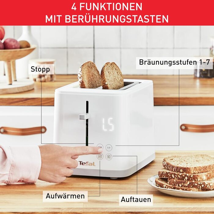Tefal TT6931 Sense Toaster | 7 Browning Levels | Digital Display | Countdown Timer | Reheat/Defrost | Crumb Tray | Stop Button | White Single