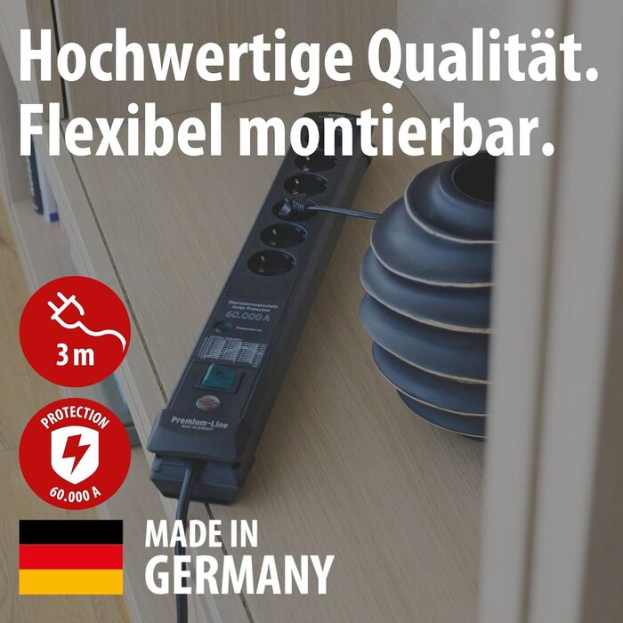 Бренненштуль Преміум-Лінія Мережевий фільтр 6 розеток з захистом від перенапруги до 60000A (з вимикачем та 3м кабелем, для кріплення на стіну, Made in Germany) чорний, розсіювач струму 60000 A