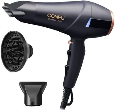 CONFU 2300W Professional Hair Dryer with Ionic Technology - Salon Quality, Diffuser & Styling Nozzle, AC Motor, Fast Drying, 2 Speed & 3 Heat Settings, LED Display, 220V