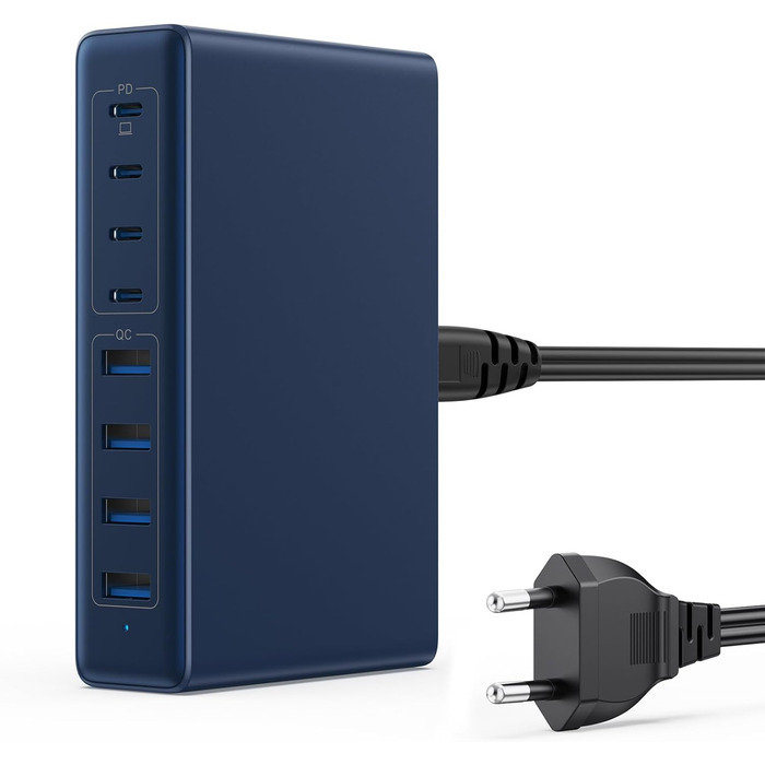 Мережевий зарядний пристрій USB-C 200W GaN III з 8 портами для MacBook Pro/Air, iPad, iPhone, Samsung, Steam Deck, QC4.0, PPS, PD 65W (Синій)