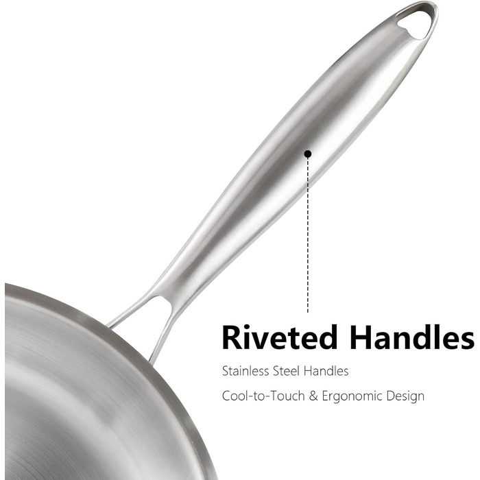 Пательня нержавіюча сталь 24 см, індукція, довговічна, з ручками з нержавіючої сталі, легке очищення, для всіх плит