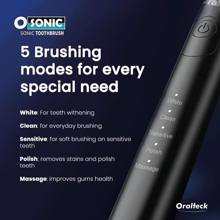 Звукова електрична зубна щітка OSONIC з 8 насадками, 5 режимів, відбілювання за 2 тижні, таймер 2 хв, IPX8, для дорослих та дітей, USB зарядка (біла)