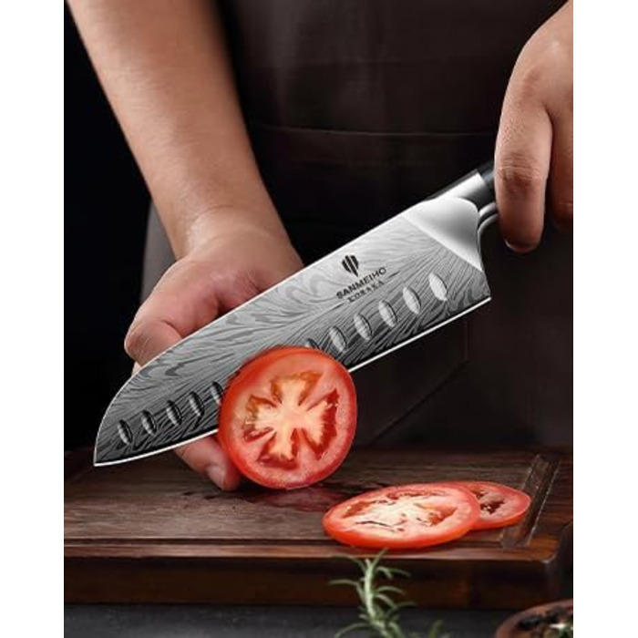 Ніж кухонний SANMEIHO Santoku 18 см з порошкової сталі, професійний шеф-ніж з пакавуд рукояттю