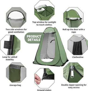 Pop-Up Shower Tent - Portable Changing Room for Beach, Camping, Hiking & Outdoor Activities (150x150x190cm, Green)