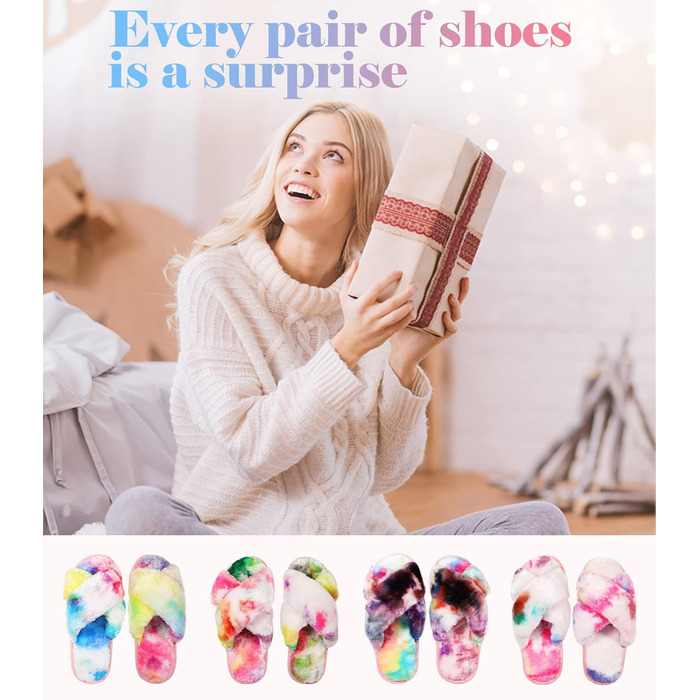 Тапочки жіночі Ankis з плюшу, теплі зимові, з перехресними ремінцями, з піною з пам'яті, з відкритими пальцями, пухнасті, для дому та вулиці (білий, чорний, сірий, верблюжий) (36/37 EU, кольори веселки)