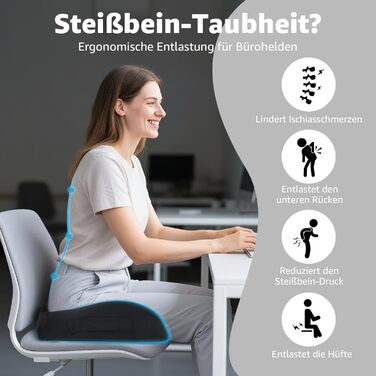 Ортопедична подушка для сидіння BRO Extra Großes з чохлом Ice Silk, Memory Foam. Ергономічна подушка для підтримки куприка для офісного крісла, авто та інвалідного візка.