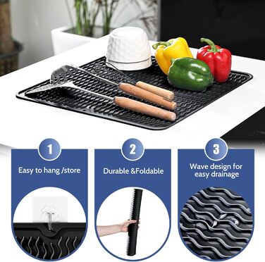 Килимок для посуду KitchenRaku 40x45 см, силіконовий, термостійкий, антиковзний, чорний
