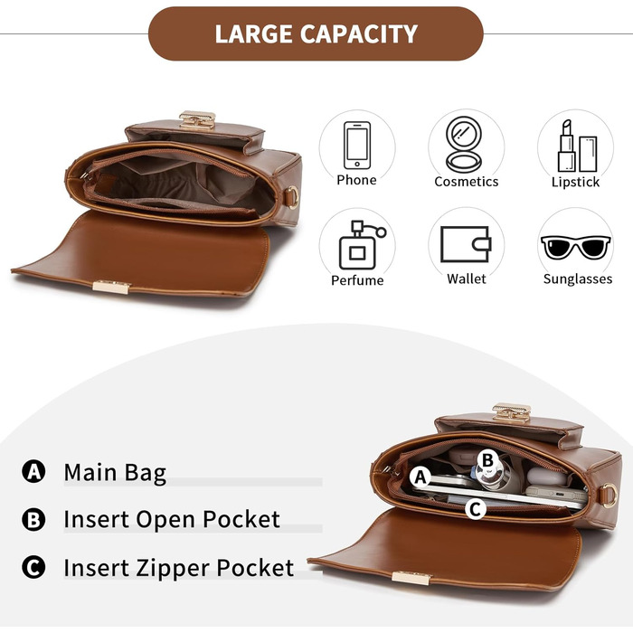 Сумка жіноча Miss Lulu середнього розміру: шкіряна сумка-тоут, крос-боді, вінтажний стиль (коричнева, 2513)