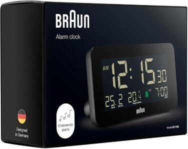 Braun Digital Alarm Clock with Date, Month, and Temperature Display, Negative LCD Display, Quick Set Function, and Gradual Alarm Sound in Black, Model BC10B.