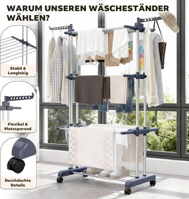 Сушарка для білизни Tower на коліщатках: 4-ярусна, з нержавіючої сталі, з 6 відкидними крилами та 2 боковими сторонами для обертання | 76x50x172 см | Компактна, складна, для балкону, ванної кімнати та саду | (Сірий)
