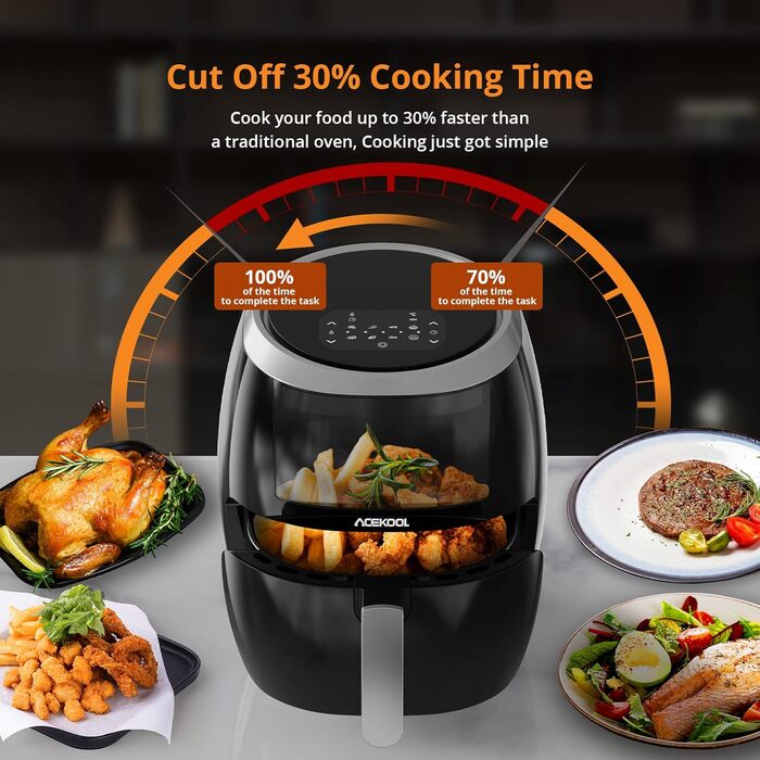 Hot Air Fryer, XXL Hot Air Fryer Oil-Free 8L 1800W, Air Fryer with Recipe Book in German, 8 Programs, Adjustable Temperature Control Acekool Gray